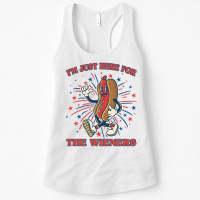 Funny 4th Of July Im Just Here For The Wieners Retro Cartoon Hotdog Womens Tank Top