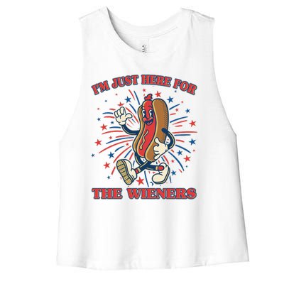 Funny 4th Of July Im Just Here For The Wieners Retro Cartoon Hotdog Women's Racerback Cropped Tank