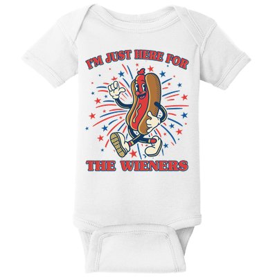 Funny 4th Of July Im Just Here For The Wieners Retro Cartoon Hotdog Baby Bodysuit