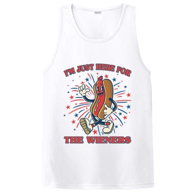 Funny 4th Of July Im Just Here For The Wieners Retro Cartoon Hotdog PosiCharge Competitor Tank