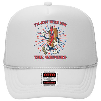 Funny 4th Of July Im Just Here For The Wieners Retro Cartoon Hotdog Trucker Hat