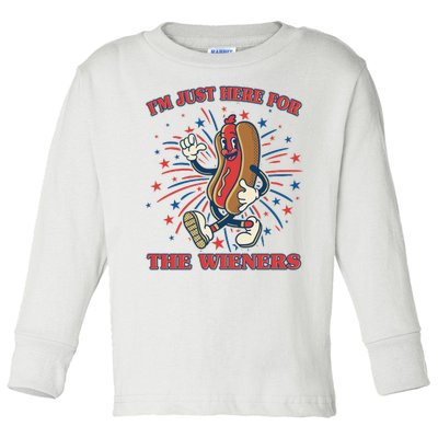 Funny 4th Of July Im Just Here For The Wieners Retro Cartoon Hotdog Toddler Long Sleeve Shirt