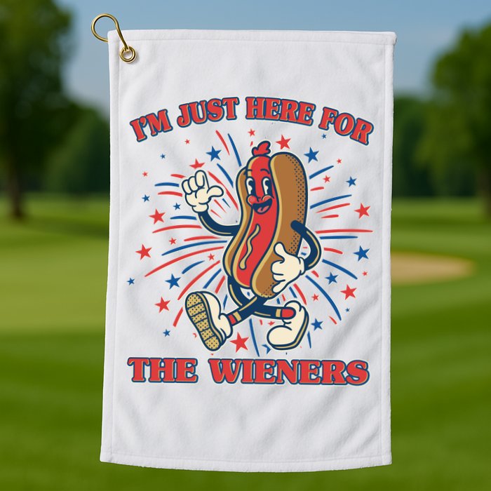 Funny 4th Of July Im Just Here For The Wieners Retro Cartoon Hotdog Golf Towel