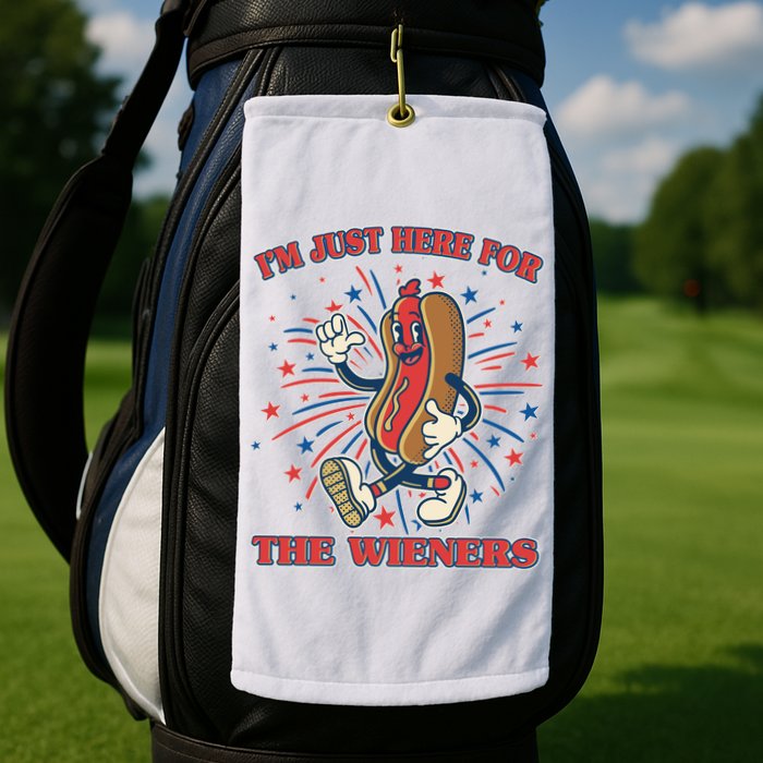 Funny 4th Of July Im Just Here For The Wieners Retro Cartoon Hotdog Golf Towel
