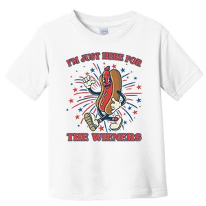 Funny 4th Of July Im Just Here For The Wieners Retro Cartoon Hotdog Toddler T-Shirt