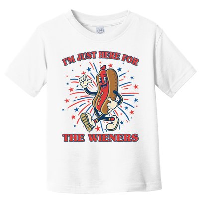 Funny 4th Of July Im Just Here For The Wieners Retro Cartoon Hotdog Toddler T-Shirt