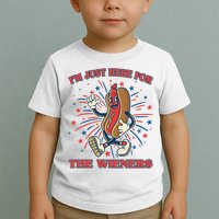 Funny 4th Of July Im Just Here For The Wieners Retro Cartoon Hotdog Toddler T-Shirt