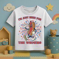 Funny 4th Of July Im Just Here For The Wieners Retro Cartoon Hotdog Toddler T-Shirt
