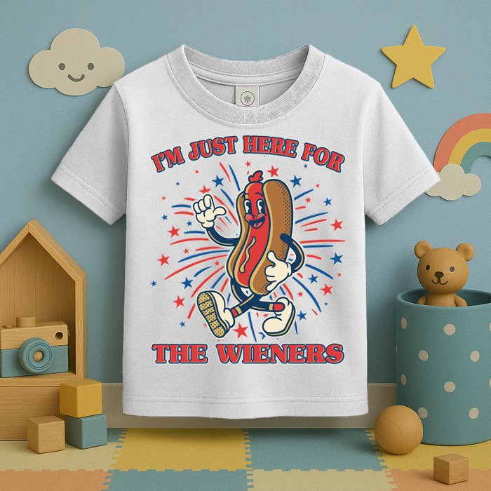 Funny 4th Of July Im Just Here For The Wieners Retro Cartoon Hotdog Toddler T-Shirt