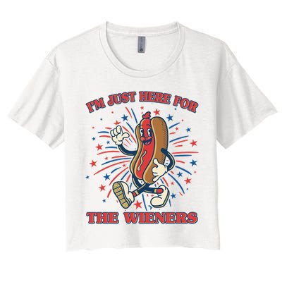 Funny 4th Of July Im Just Here For The Wieners Retro Cartoon Hotdog Crop Top