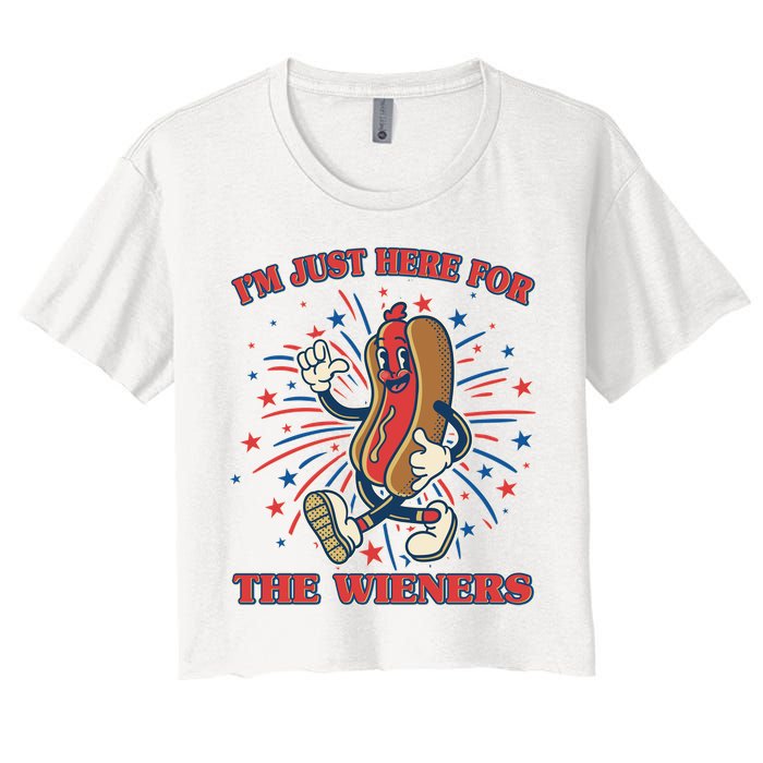 Funny 4th Of July Im Just Here For The Wieners Retro Cartoon Hotdog Crop Top