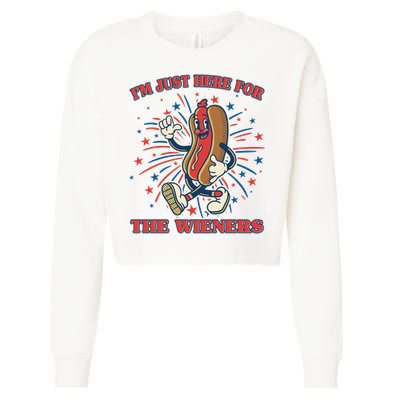 Funny 4th Of July Im Just Here For The Wieners Retro Cartoon Hotdog Cropped Pullover Crew