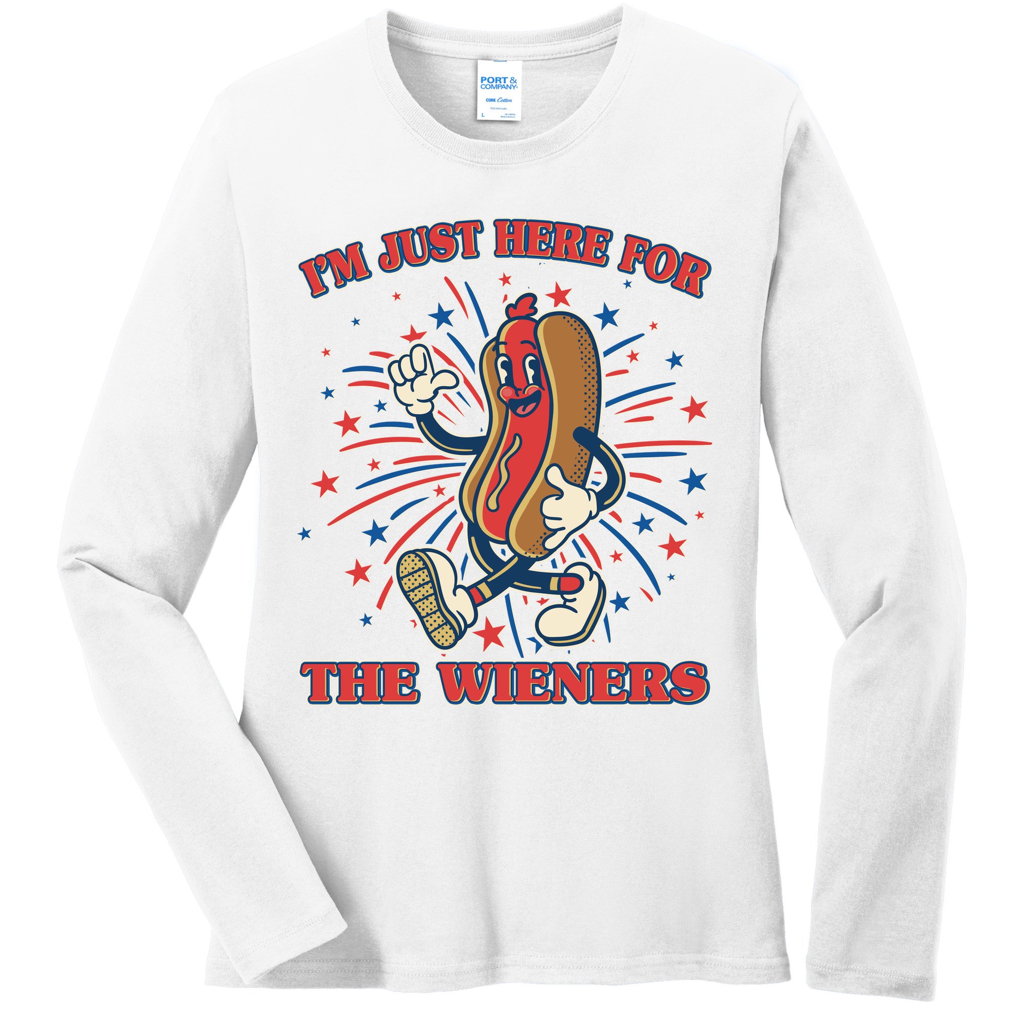 Funny 4th Of July Im Just Here For The Wieners Retro Cartoon Hotdog Ladies Long Sleeve Shirt