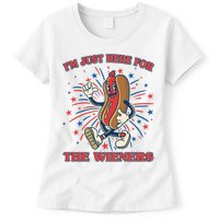 Funny 4th Of July Im Just Here For The Wieners Retro Cartoon Hotdog Womens T-Shirt