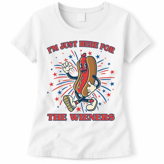 Funny 4th Of July Im Just Here For The Wieners Retro Cartoon Hotdog Womens T-Shirt