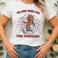 Funny 4th Of July Im Just Here For The Wieners Retro Cartoon Hotdog Womens T-Shirt