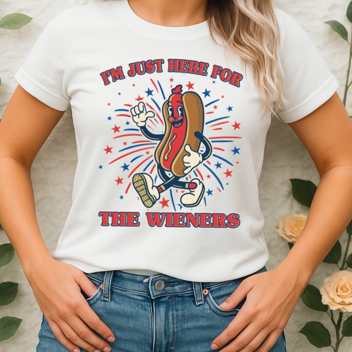 Funny 4th Of July Im Just Here For The Wieners Retro Cartoon Hotdog Womens T-Shirt