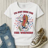 Funny 4th Of July Im Just Here For The Wieners Retro Cartoon Hotdog Womens T-Shirt