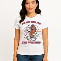 Funny 4th Of July Im Just Here For The Wieners Retro Cartoon Hotdog Womens T-Shirt