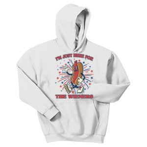 Funny 4th Of July Im Just Here For The Wieners Retro Cartoon Hotdog Kids Hoodie