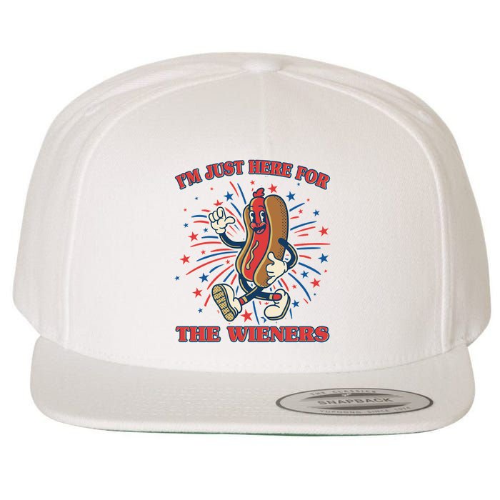 Funny 4th Of July Im Just Here For The Wieners Retro Cartoon Hotdog Wool Snapback Cap