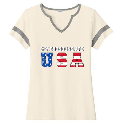 Funny 4th Of July American Saying My Pronouns Are USA Ladies Halftime Notch Neck Tee