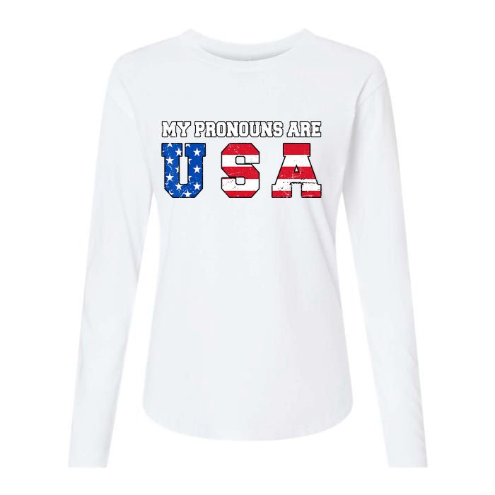 Funny 4th Of July American Saying My Pronouns Are USA Womens Cotton Relaxed Long Sleeve T-Shirt