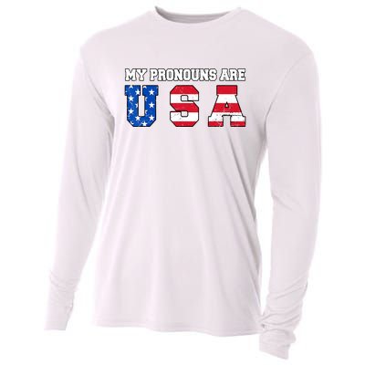 Funny 4th Of July American Saying My Pronouns Are USA Cooling Performance Long Sleeve Crew