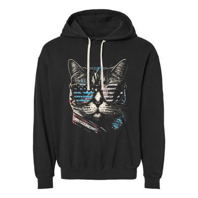 Fourth 4th of July Cat American Flag America Patriotic Funny Garment-Dyed Fleece Hoodie