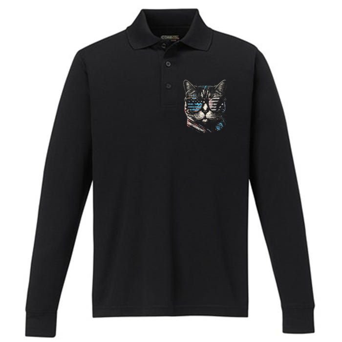 Fourth 4th of July Cat American Flag America Patriotic Funny Performance Long Sleeve Polo