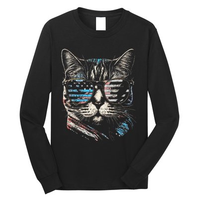 Fourth 4th of July Cat American Flag America Patriotic Funny Long Sleeve Shirt