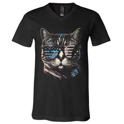 Fourth 4th of July Cat American Flag America Patriotic Funny V-Neck T-Shirt