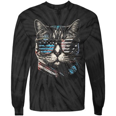 Fourth 4th of July Cat American Flag America Patriotic Funny Tie-Dye Long Sleeve Shirt