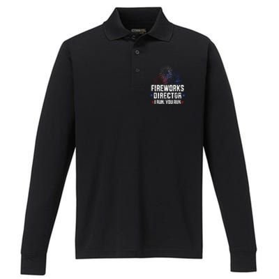 Funny 4th of July Fireworks director I run you run Performance Long Sleeve Polo