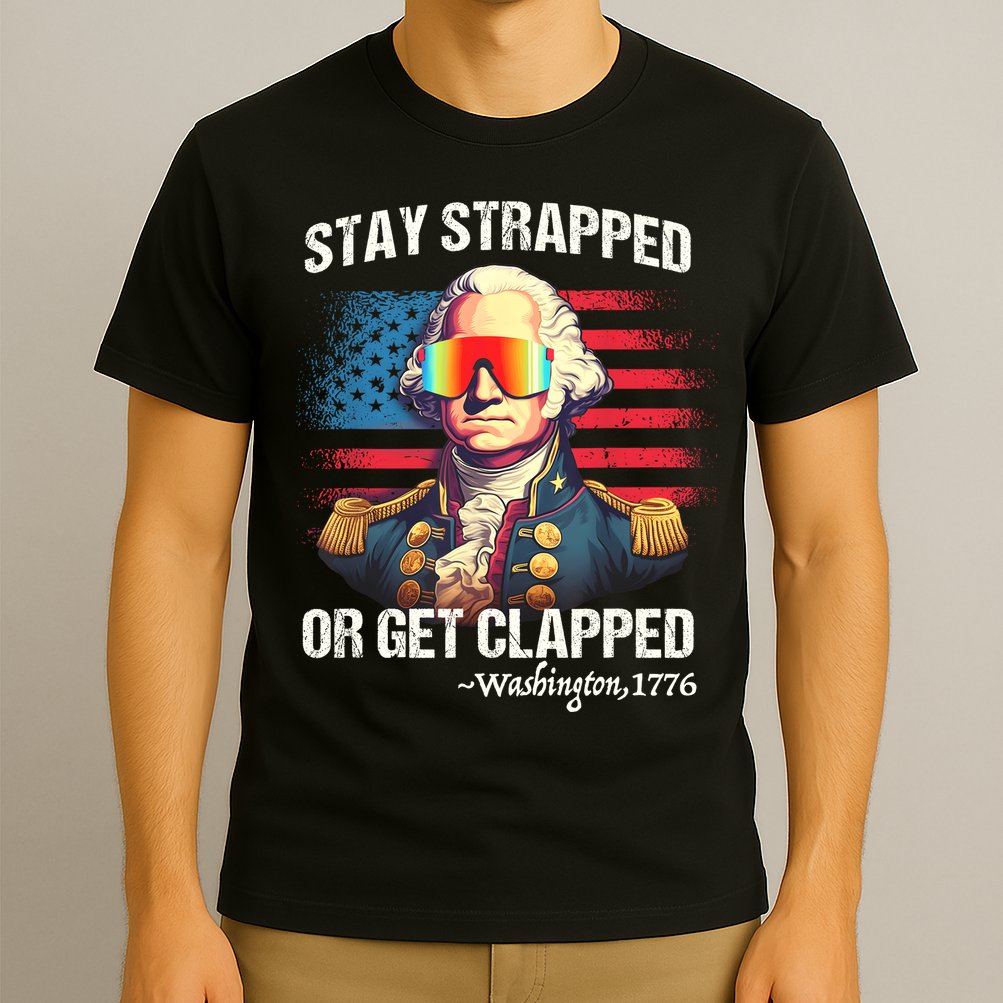 Funny 4th Of July Stay Strapped Get Clapped Washington T-Shirt