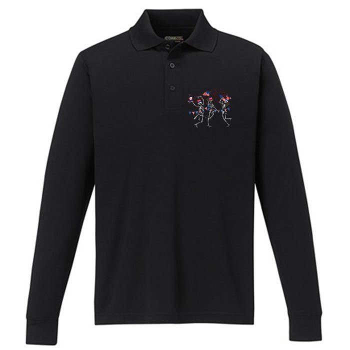 Funny 4th Of July Dancing Skeleton Memorial Day Patriotic Performance Long Sleeve Polo