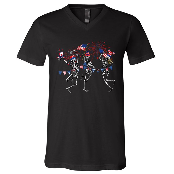 Funny 4th Of July Dancing Skeleton Memorial Day Patriotic V-Neck T-Shirt