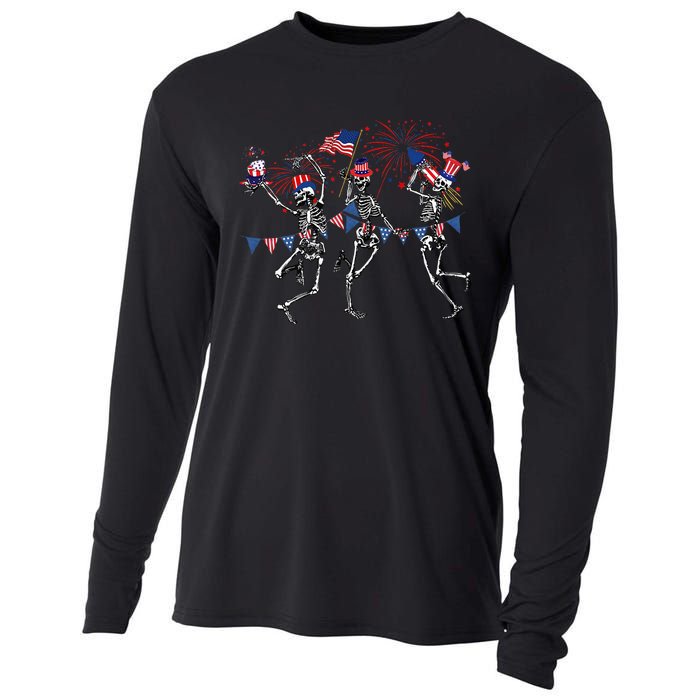 Funny 4th Of July Dancing Skeleton Memorial Day Patriotic Cooling Performance Long Sleeve Crew