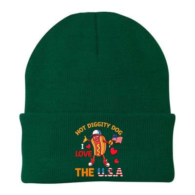 Funny 4th Of July Hot Dog I Love USA Party American Flag Knit Cap Winter Beanie