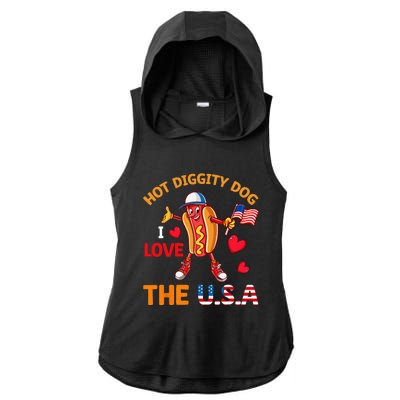 Funny 4th Of July Hot Dog I Love USA Party American Flag Ladies PosiCharge Tri-Blend Wicking Draft Hoodie Tank