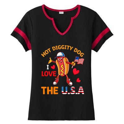 Funny 4th Of July Hot Dog I Love USA Party American Flag Ladies Halftime Notch Neck Tee