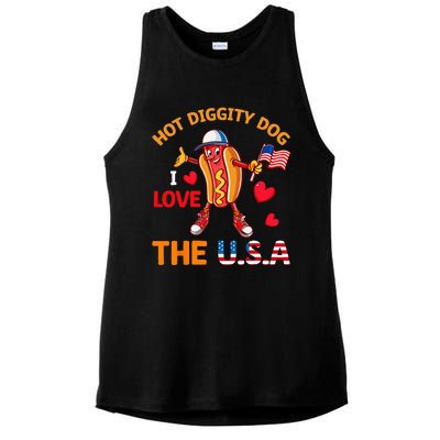 Funny 4th Of July Hot Dog I Love USA Party American Flag Ladies PosiCharge Tri-Blend Wicking Tank