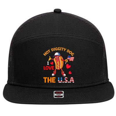 Funny 4th Of July Hot Dog I Love USA Party American Flag 7 Panel Mesh Trucker Snapback Hat