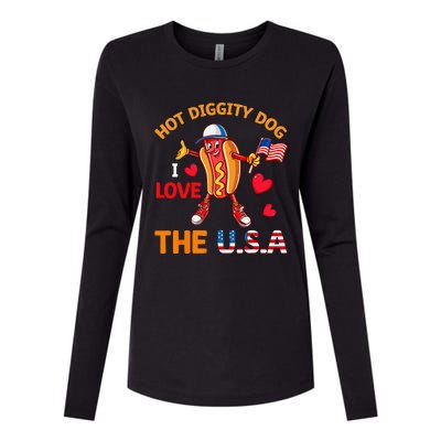 Funny 4th Of July Hot Dog I Love USA Party American Flag Womens Cotton Relaxed Long Sleeve T-Shirt