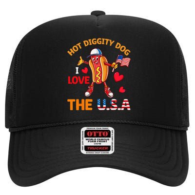 Funny 4th Of July Hot Dog I Love USA Party American Flag High Crown Mesh Back Trucker Hat