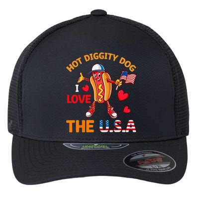 Funny 4th Of July Hot Dog I Love USA Party American Flag Flexfit Unipanel Trucker Cap