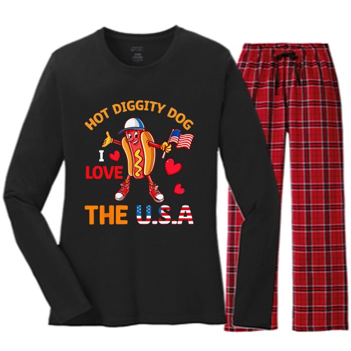 Funny 4th Of July Hot Dog I Love USA Party American Flag Women's Long Sleeve Flannel Pajama Set 