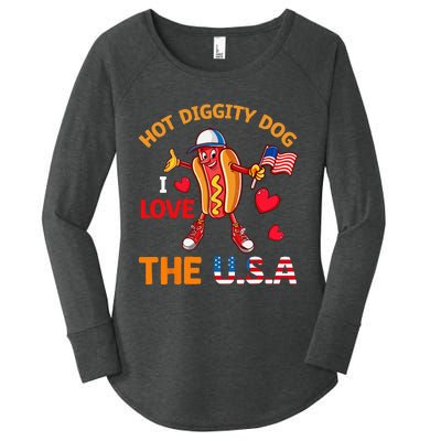 Funny 4th Of July Hot Dog I Love USA Party American Flag Women's Perfect Tri Tunic Long Sleeve Shirt