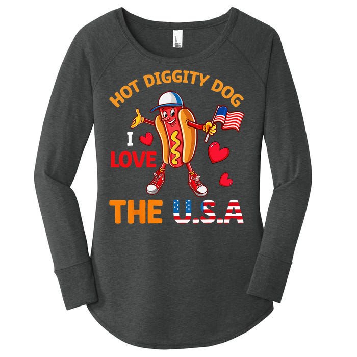 Funny 4th Of July Hot Dog I Love USA Party American Flag Women's Perfect Tri Tunic Long Sleeve Shirt