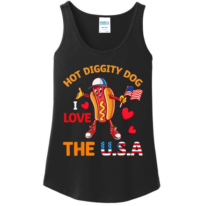 Funny 4th Of July Hot Dog I Love USA Party American Flag Ladies Essential Tank